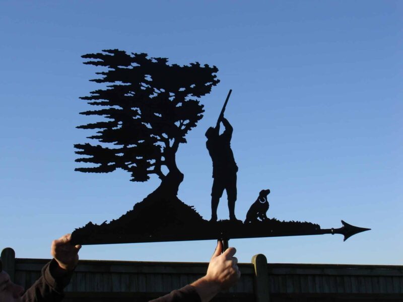 Man Shooting High Bird With Dog And Windswept Tree Weathervane