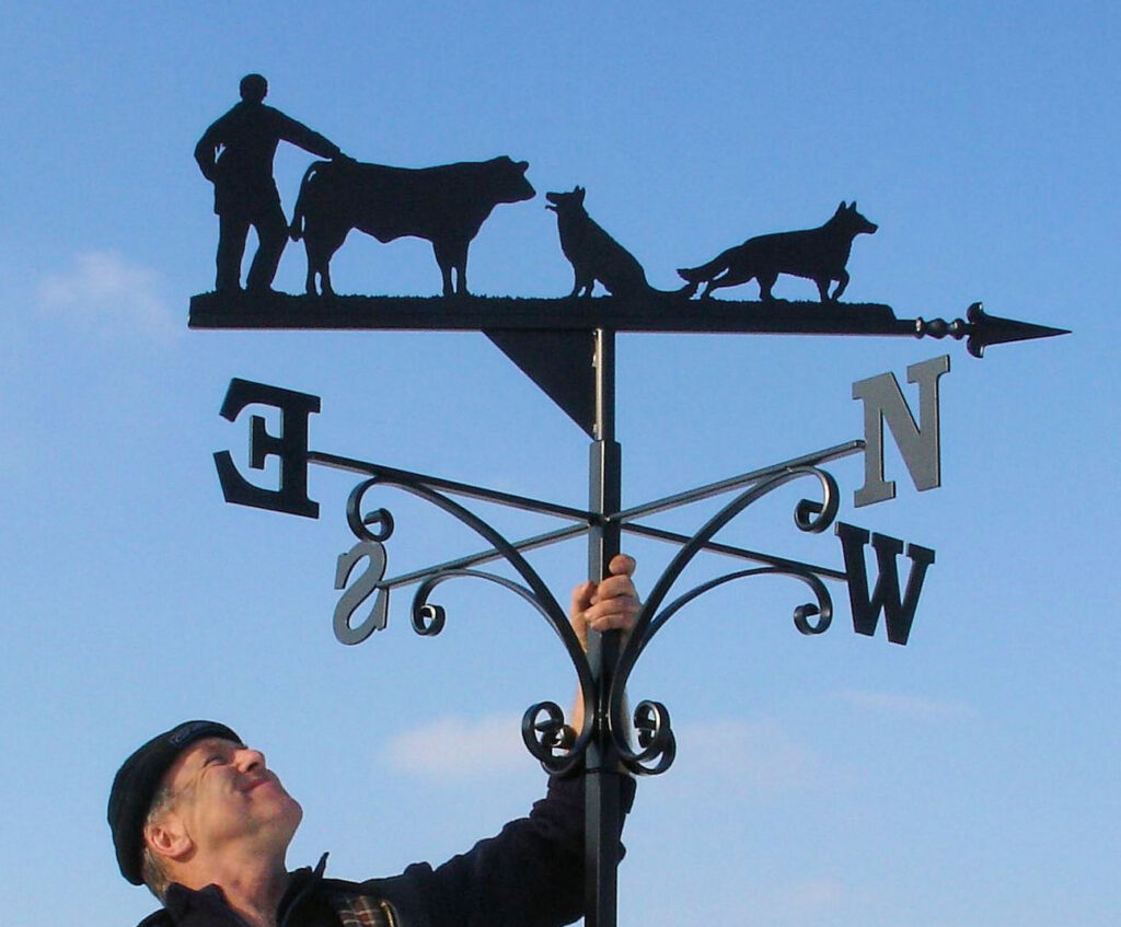 Portrait of farmer with calf and his dogs portrait weathervane