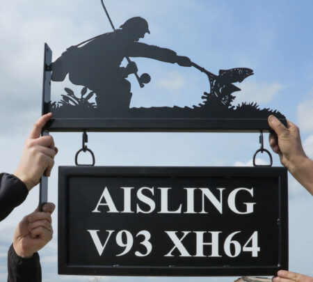Angler and Fish Not Quite In Net Hanging Bracket Picture Sign
