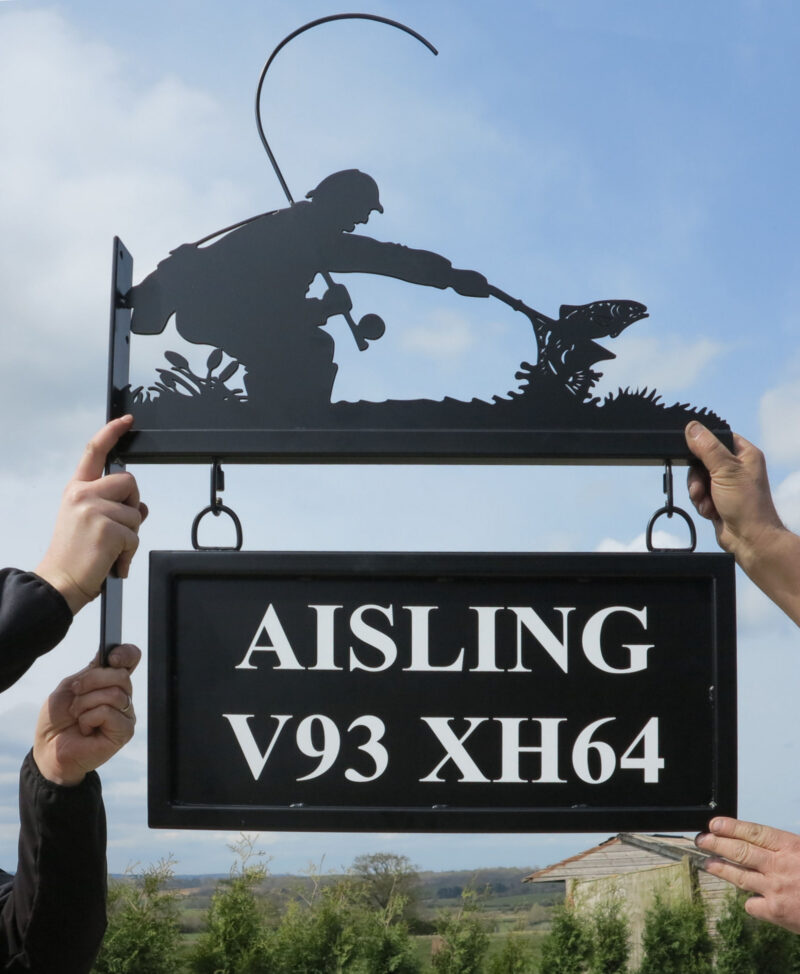 Angler and Fish Not Quite In Net Hanging Bracket Picture Sign