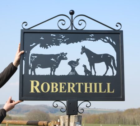 Cow, Thoroughbred Horse, Sheaf Stooks & Spaniel Hot Forged Picture Sign