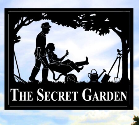 Gardener With Wife In Wheelbarrow Framed Picture Sign