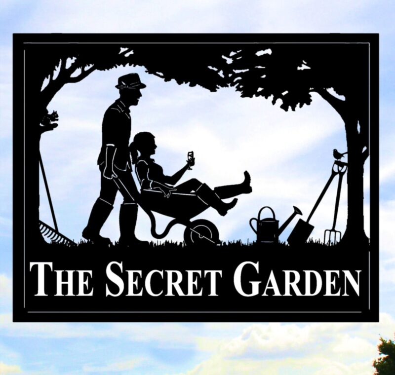 Gardener With Wife In Wheelbarrow Framed Picture Sign