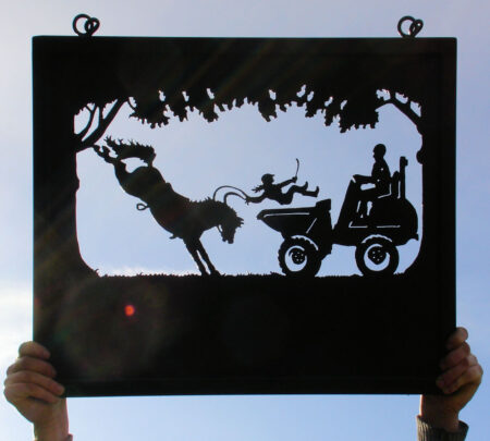 Girl With Reluctant Horse & Dumper Truck Framed Picture Sign