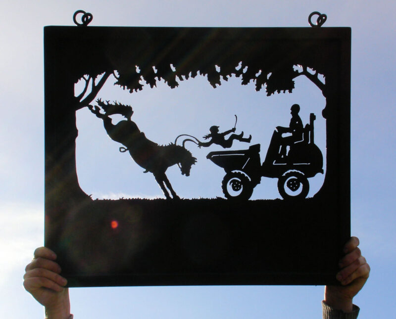 Girl With Reluctant Horse & Dumper Truck Framed Picture Sign