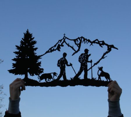 Hikers and Collies In The Mountains Wall Art Plaque