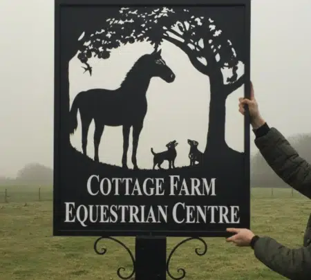 Horse, Dogs and Apple Tree Framed Metal Sign
