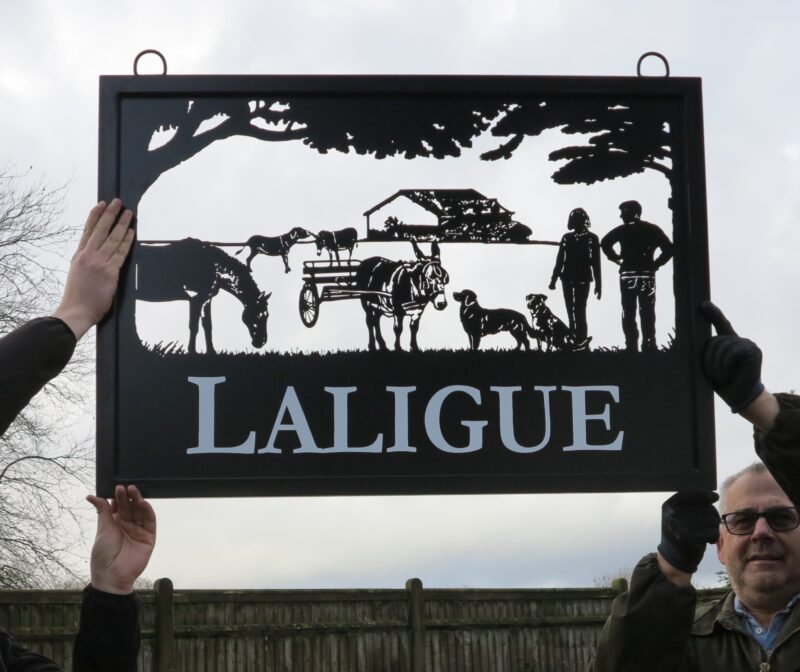 Horse Farm Sign With Couple and Dogs Framed Picture Sign