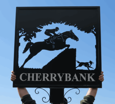 Horse and Jockey Cross Country with Dog Framed Metal Sign