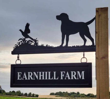 Lab and Pheasant hanging bracket sign installed