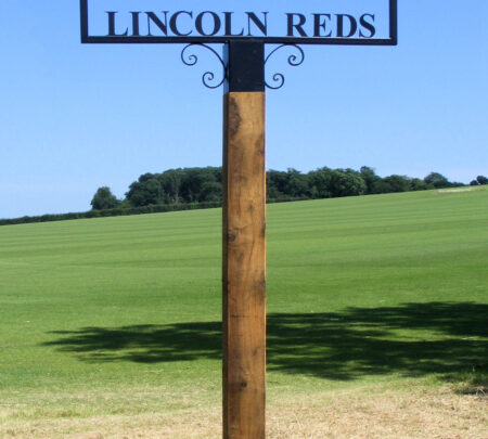 Lincoln Red Bull Hot Forged Picture Farm Sign - Installed atop a wooden post