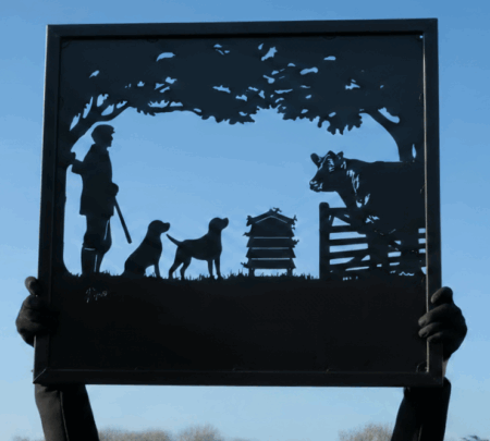 Man, Gun, Dogs, Bull & Beehive Framed Metal Sign