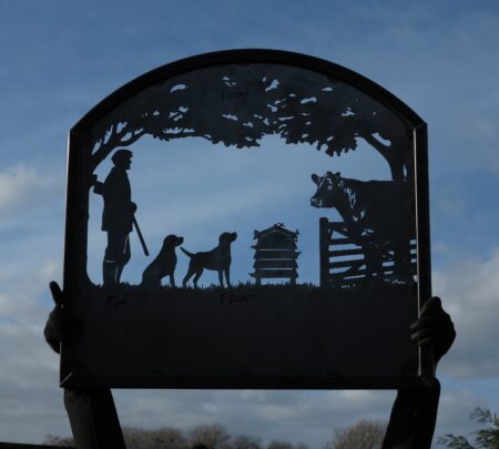 Man, Gun, Dogs, Bull & Beehive Framed Picture Sign