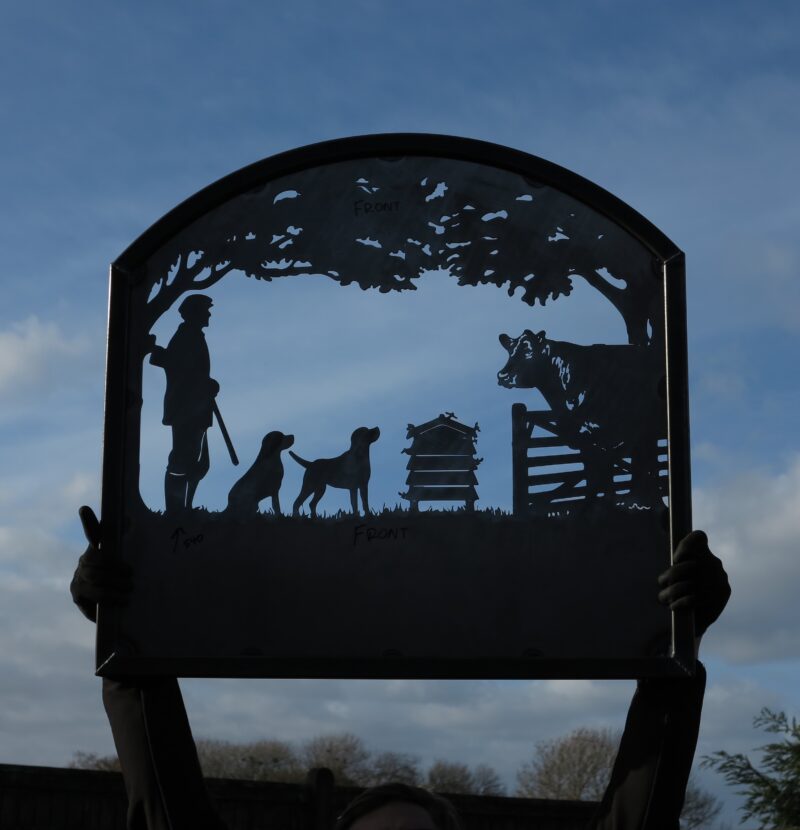 Man, Gun, Dogs, Bull & Beehive Framed Picture Sign