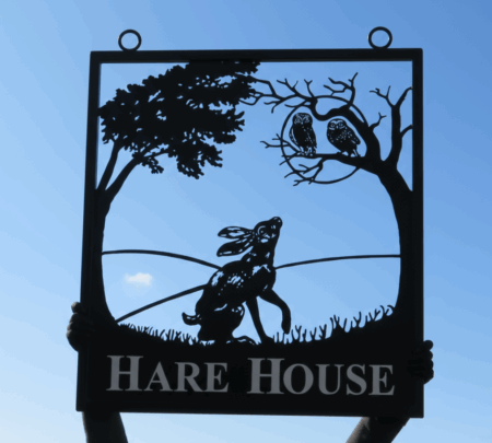 Moon Gazing Hare and Owls Framed Metal Sign