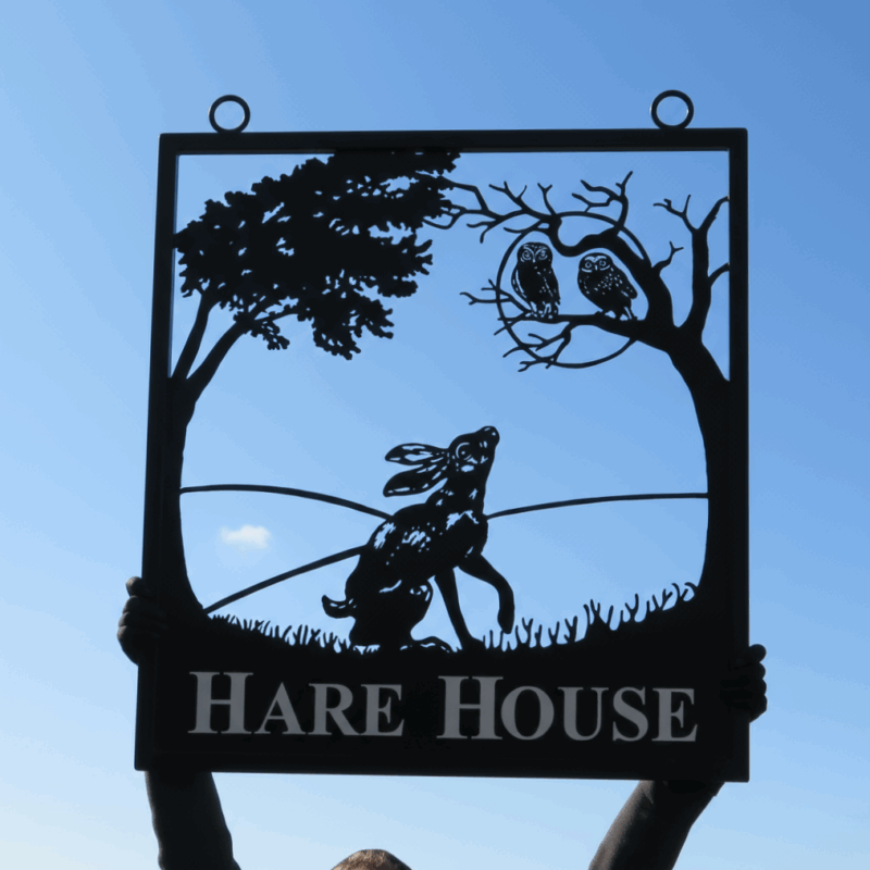 Moon Gazing Hare and Owls Framed Metal Sign