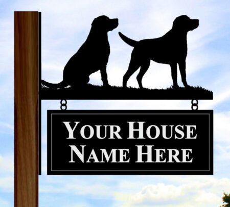 Pair of labs hanging bracket sign, visual design