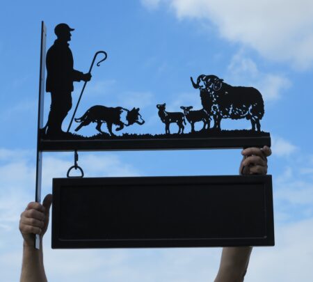 Shepherd, collie, ram tup and lambs hanging bracket sign