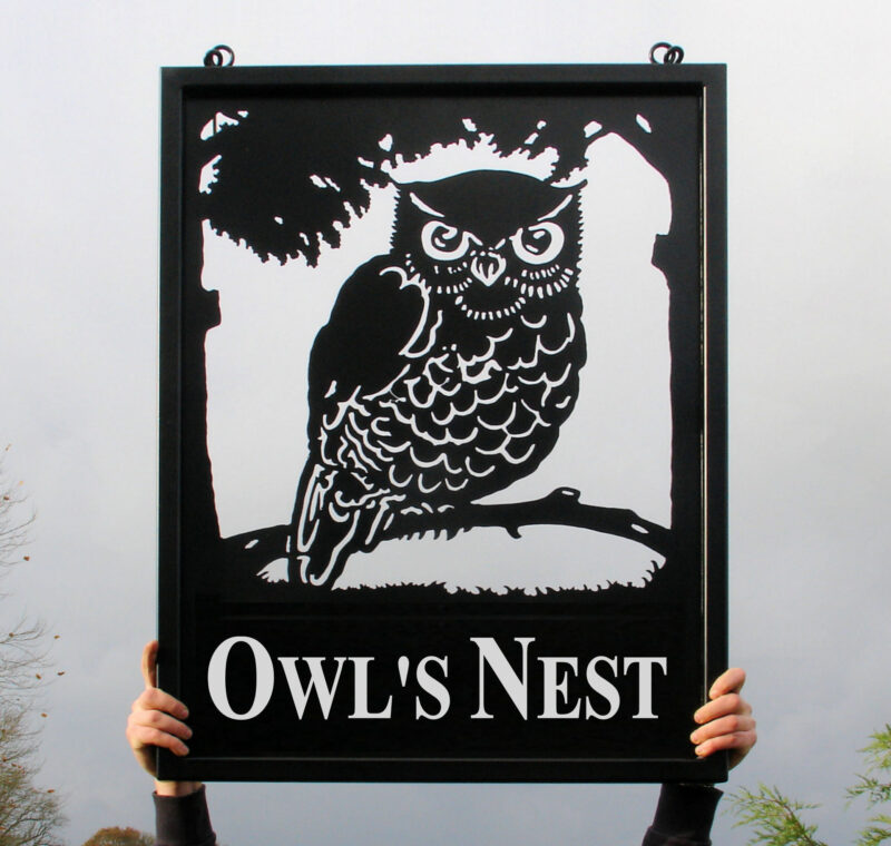 Sitting Owl Framed Picture Sign cloudy day