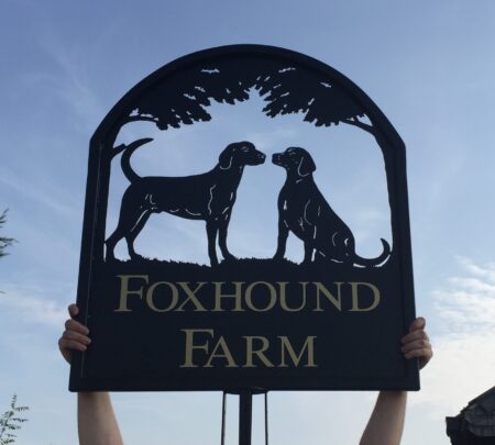 Sitting and Standing Dog with Tree Framed Picture Sign