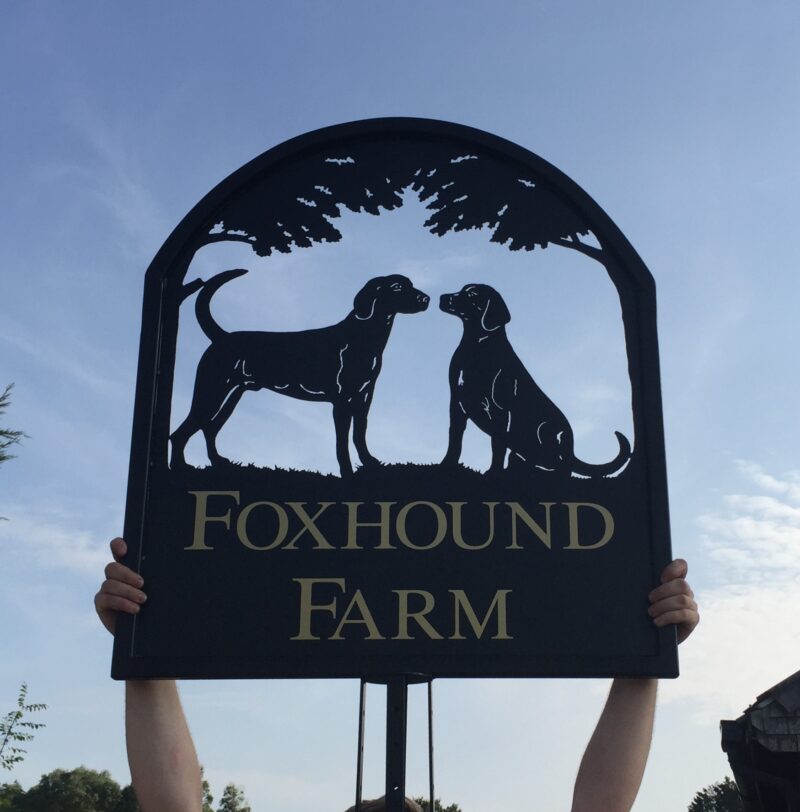 Sitting and Standing Dog with Tree Framed Picture Sign