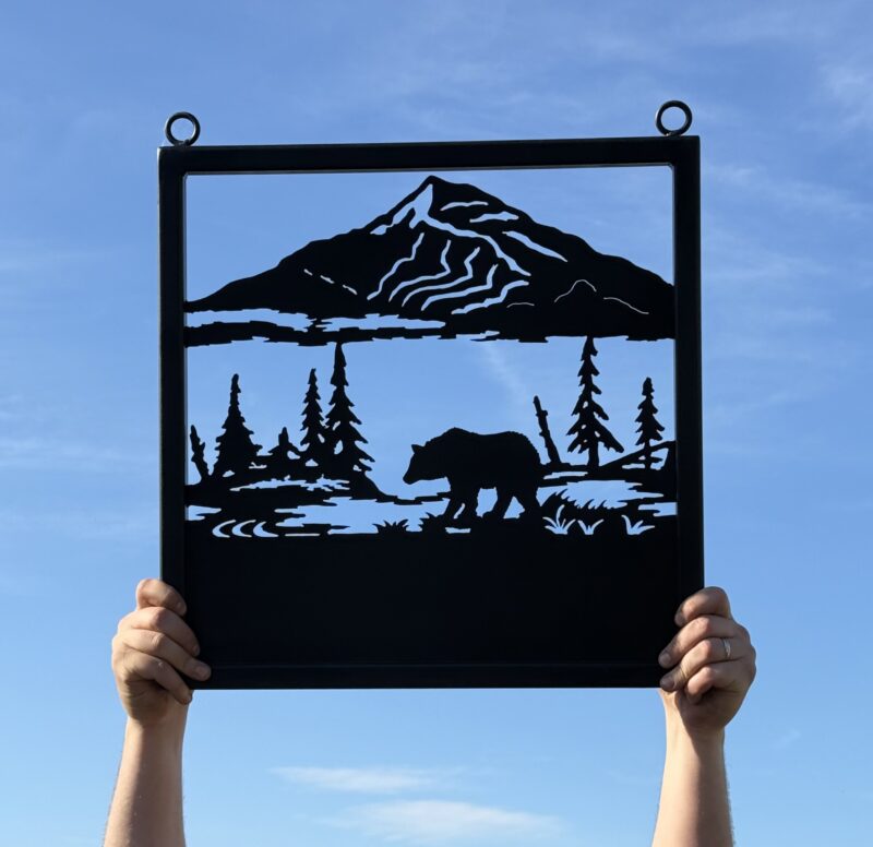 Ex-Display - Wild Bear and Mountain Scene Framed Sign 52cm x 52cm