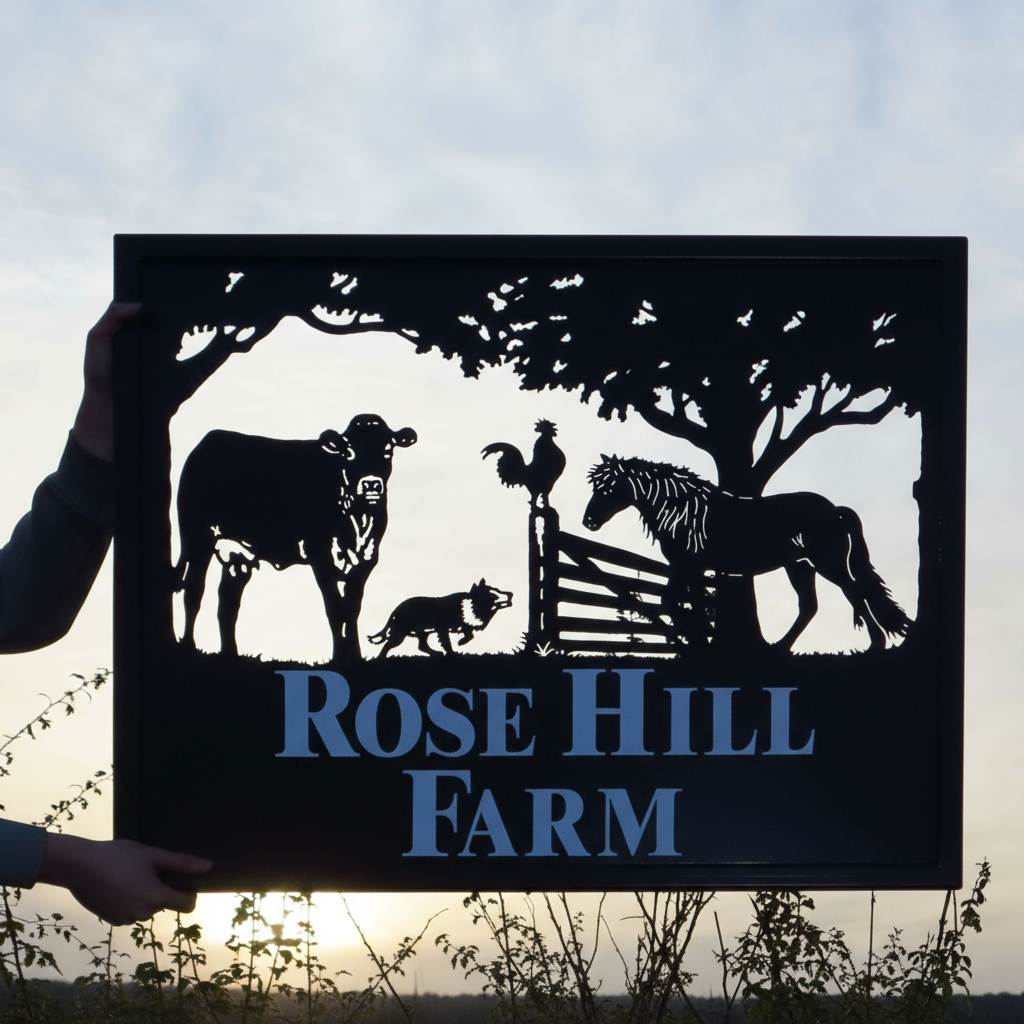 Pony Cow Collie & Cockerel Framed Metal Sign No Scrolls