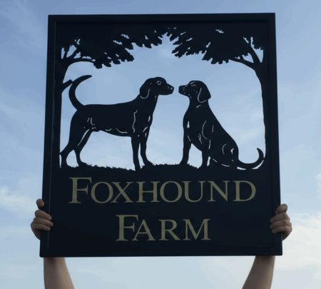 Sitting and Standing Dog with Tree Framed Metal Sign