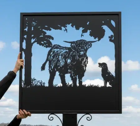 Young Highland Cow & Dog Framed Metal Sign