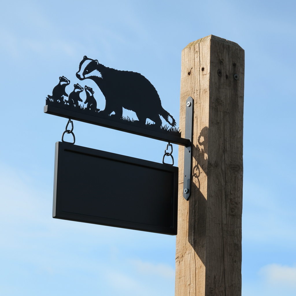 Badger and Cubs Metal Hanging Sign Installed To Wooden post
