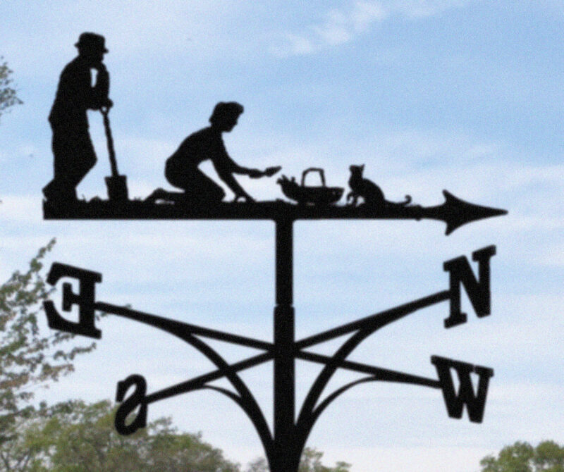 Husband and Wife Gardening With Cat Weathervane