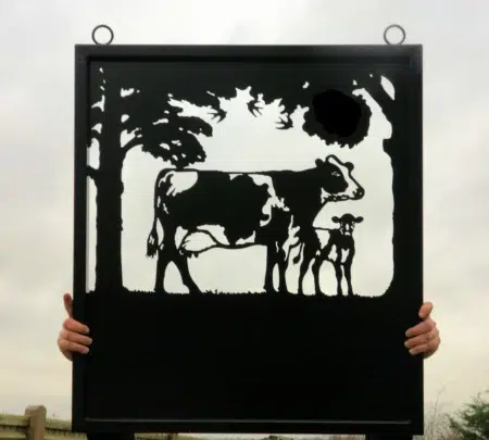 Dairy Cow & Calf Framed Metal Farm Sign Held Up Outside Workshop