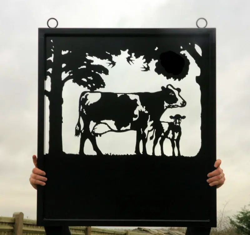 Dairy Cow & Calf Framed Metal Farm Sign Held Up Outside Workshop
