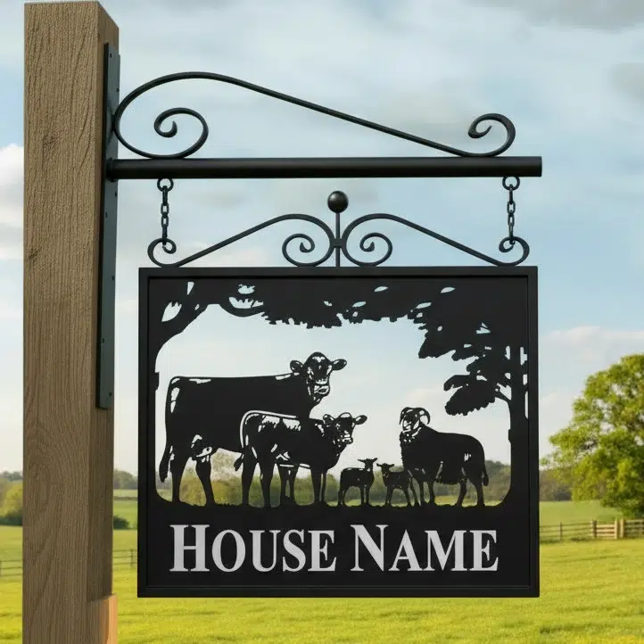Hanging Framed Metal Sign With Scrolls Atop