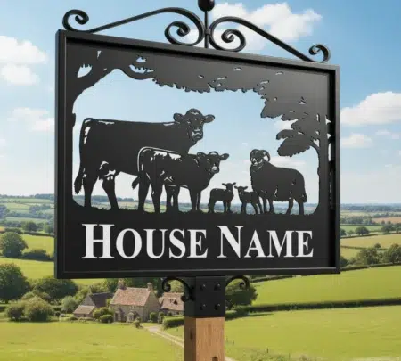 Metal Sign On Post With Scrolls Atop