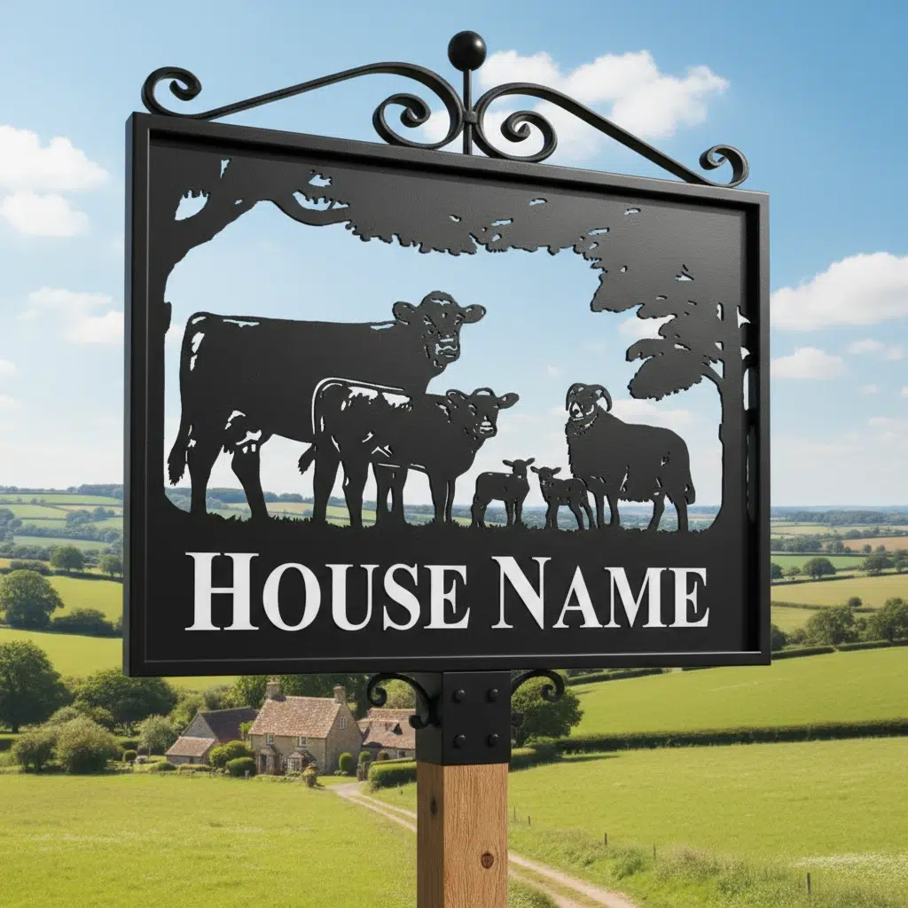 Metal Sign On Post With Scrolls Atop