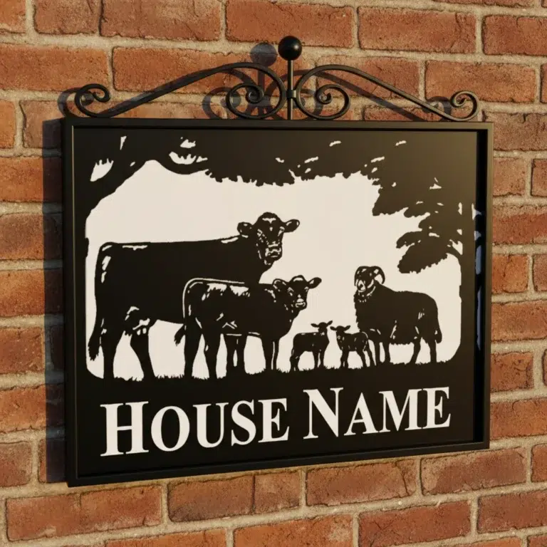 Wall Mounted Framed Metal Sign With Scrolls Atop