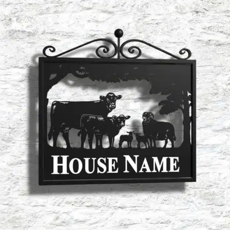Wall Mounted Framed Metal Sign With Scrolls Atop
