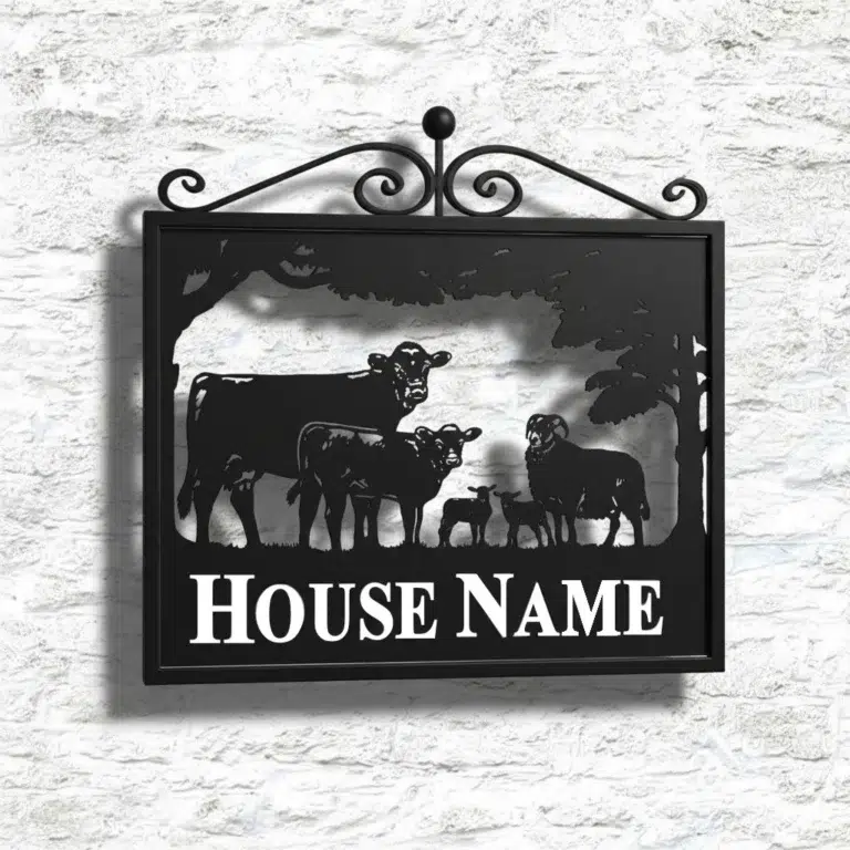 Wall Mounted Framed Metal Sign With Scrolls Atop