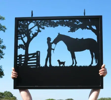 Girl Petting Horse With Dog Framed Metal Sign