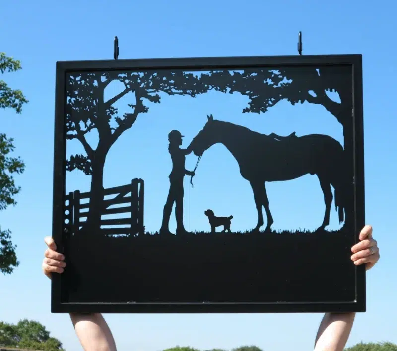 Girl Petting Horse With Dog Framed Metal Sign