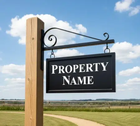 Hanging Metal House Name Sign - Blacksmith Scroll Bracket- Framed 2