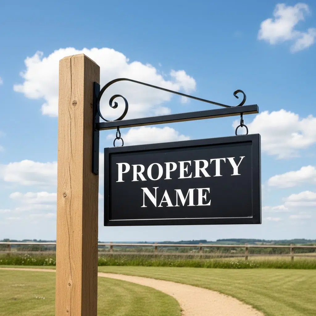 Hanging Metal House Name Sign - Blacksmith Scroll Bracket- Framed 2