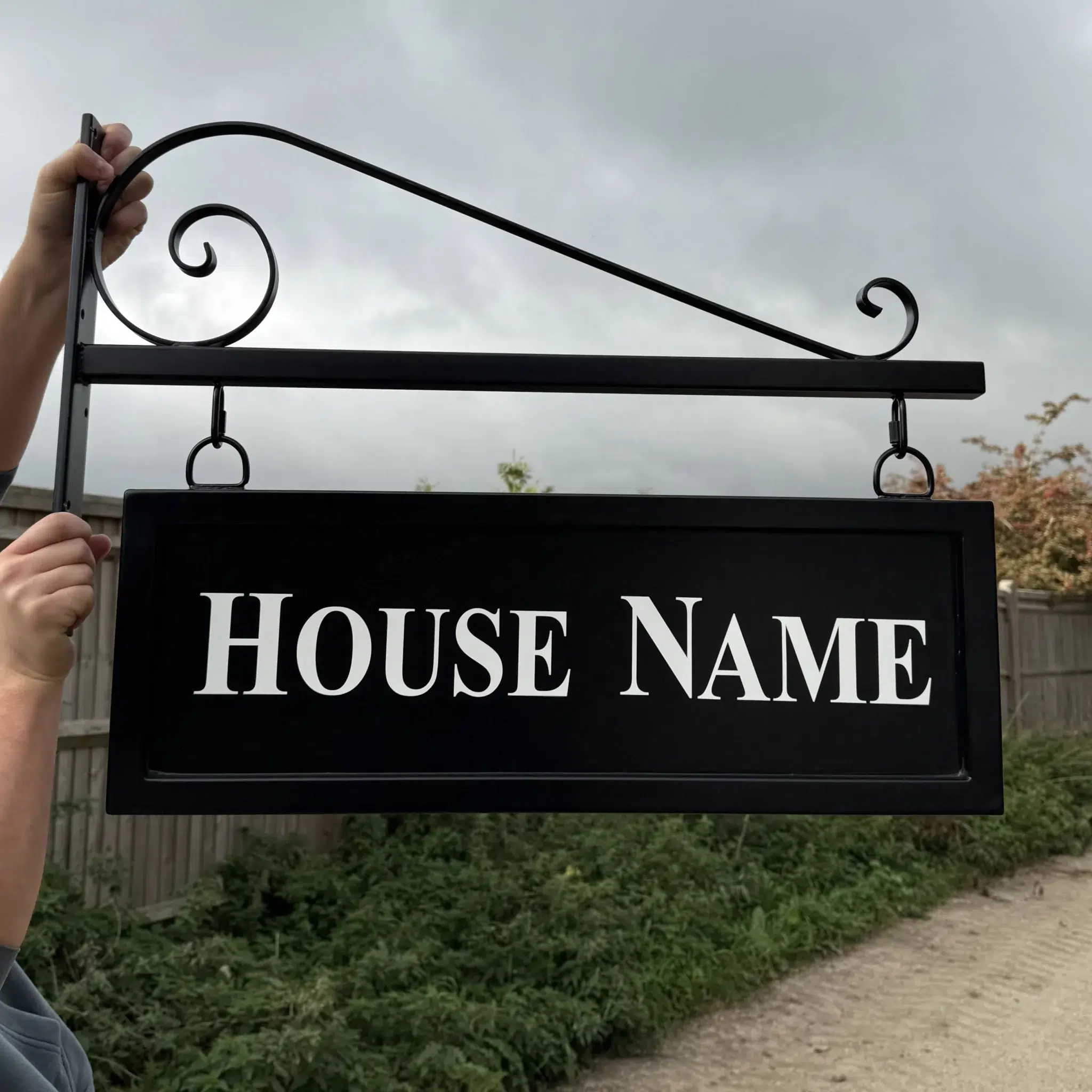 Hanging Metal House Name Sign - Blacksmith Scroll Bracket - Framed Sign 2