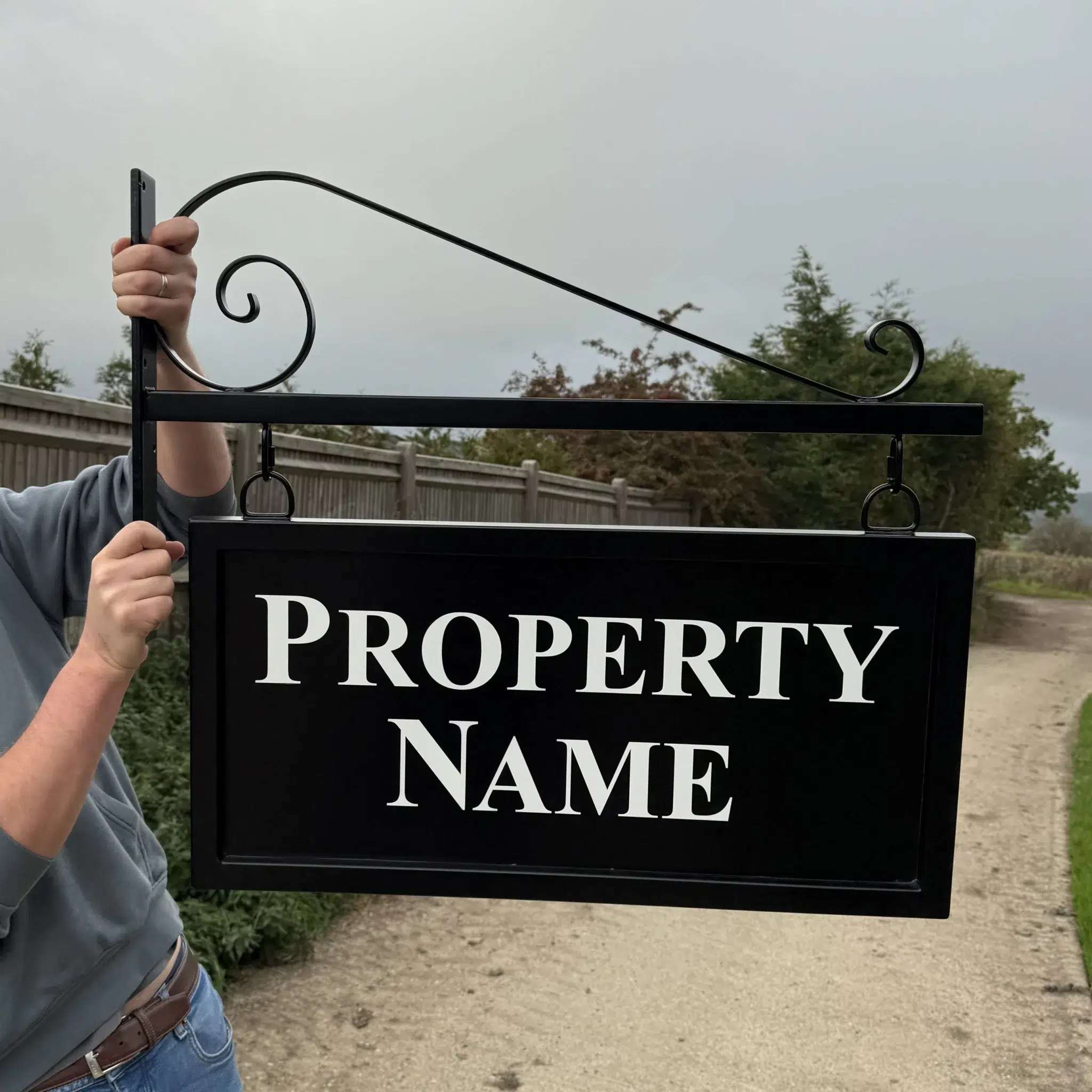 Hanging Metal House Name Sign - Blacksmith Scroll Bracket- Framed Sign 3