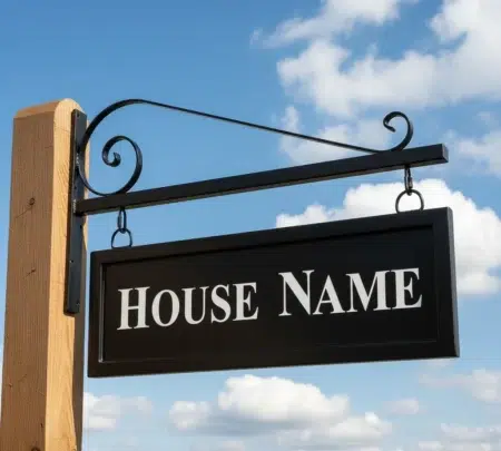 Hanging Metal House Name Sign - Blacksmith Scroll Bracket - Framed Sign