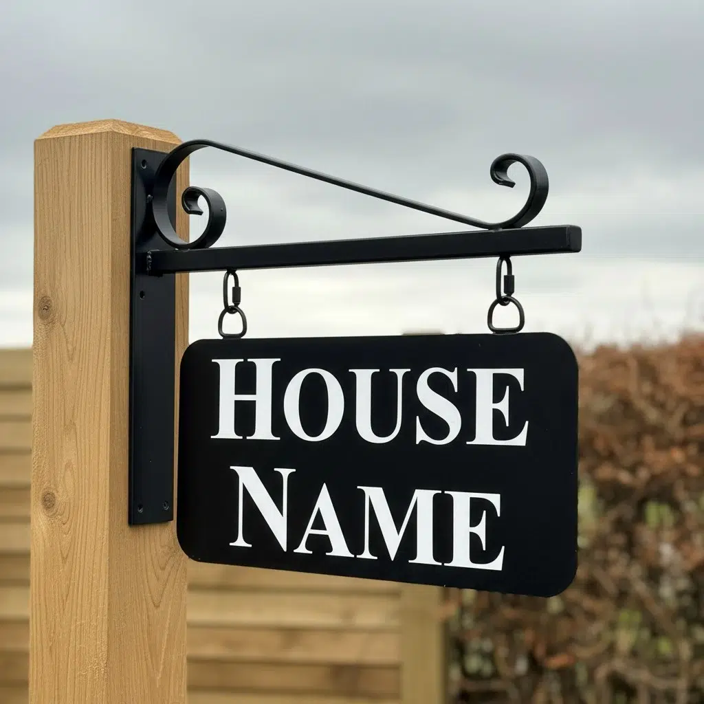 Hanging Metal House Name Sign - Blacksmith Scroll Bracket - Rounded Corners 1