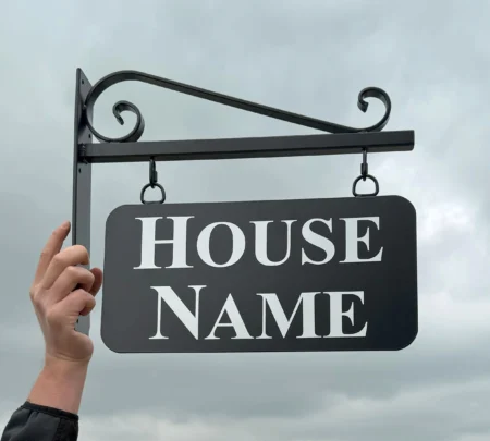Hanging Metal House Name Sign - Blacksmith Scroll Bracket - Rounded Corners