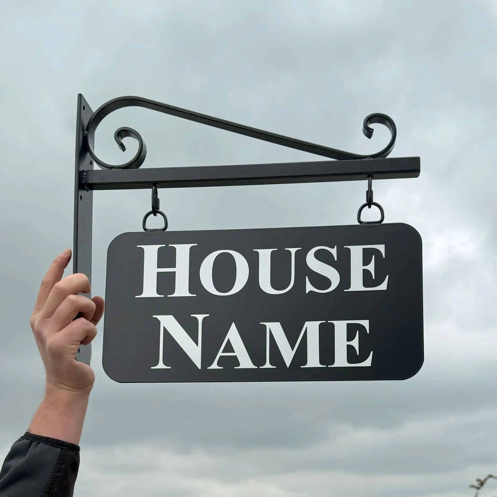 Hanging Metal House Name Sign - Blacksmith Scroll Bracket - Rounded Corners