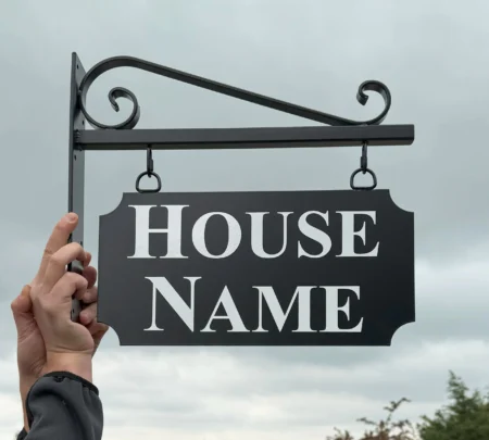 Hanging Metal House Name Sign - Blacksmith Scroll Bracket - Scallop Corners 1